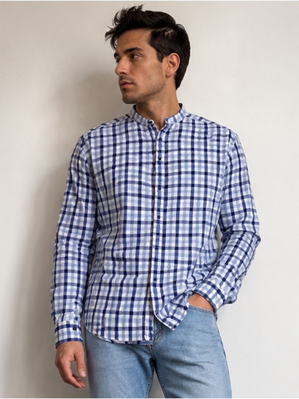 Zara Mandarin Collar Plaid Light Shirt - Size L